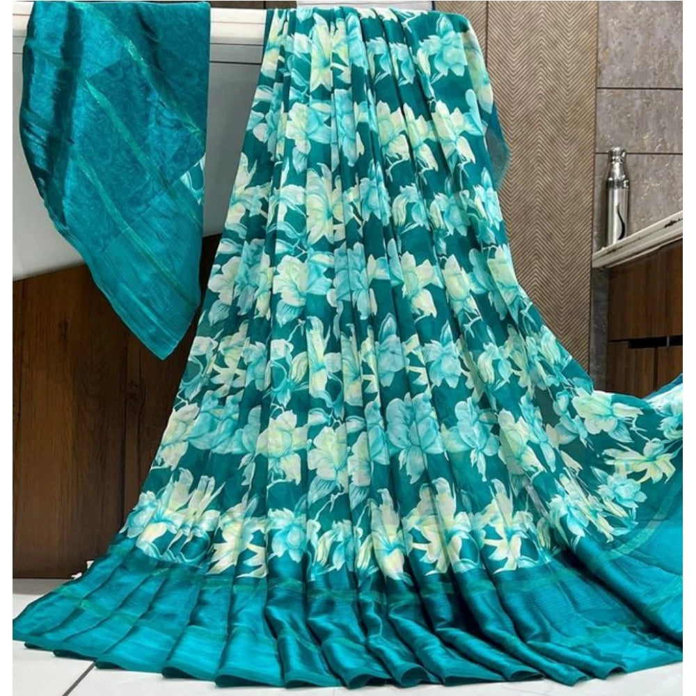 Amfyn Women's Sattin Patta Printed Saree With Unstitched Blouse (Sky Blue, 5-5 Mtrs)