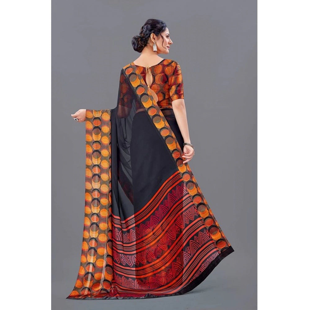 Amfyn Women's Sattin Patta Printed Saree With Unstitched Blouse (Black, 5-5 Mtrs)