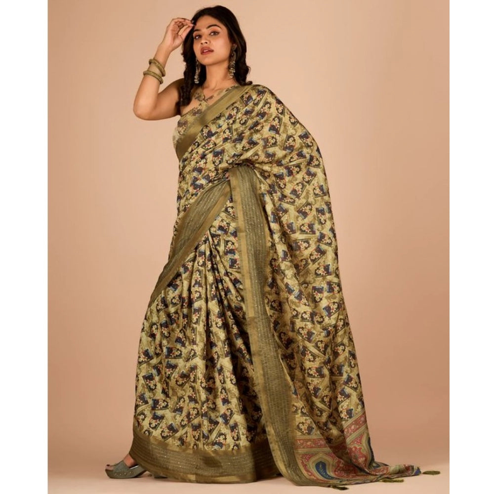 Amfyn Women's Digital Printed Saree With Unstitched Blouse (Mehendi, 5-5 Mtrs)