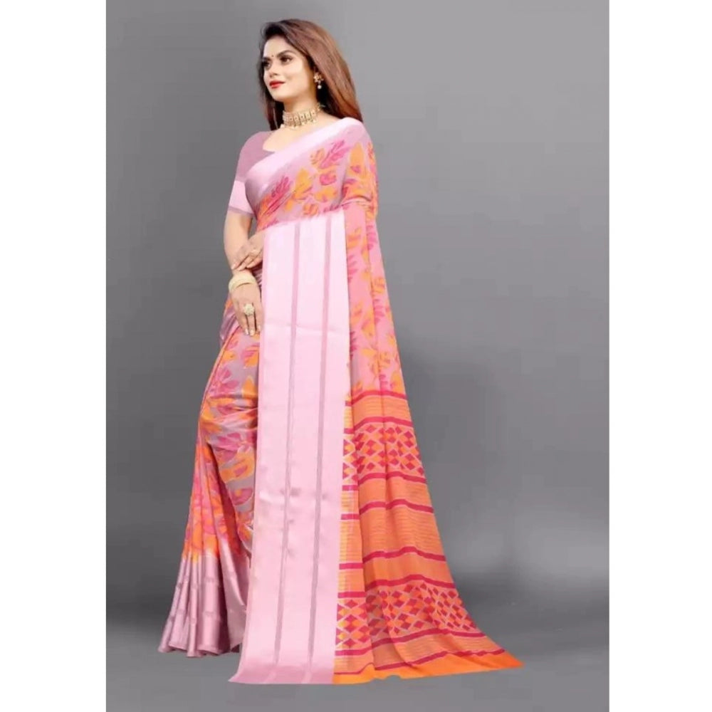 Amfyn Women's Sattin Patta Printed Saree With Unstitched Blouse (Orange, 5-5 Mtrs)