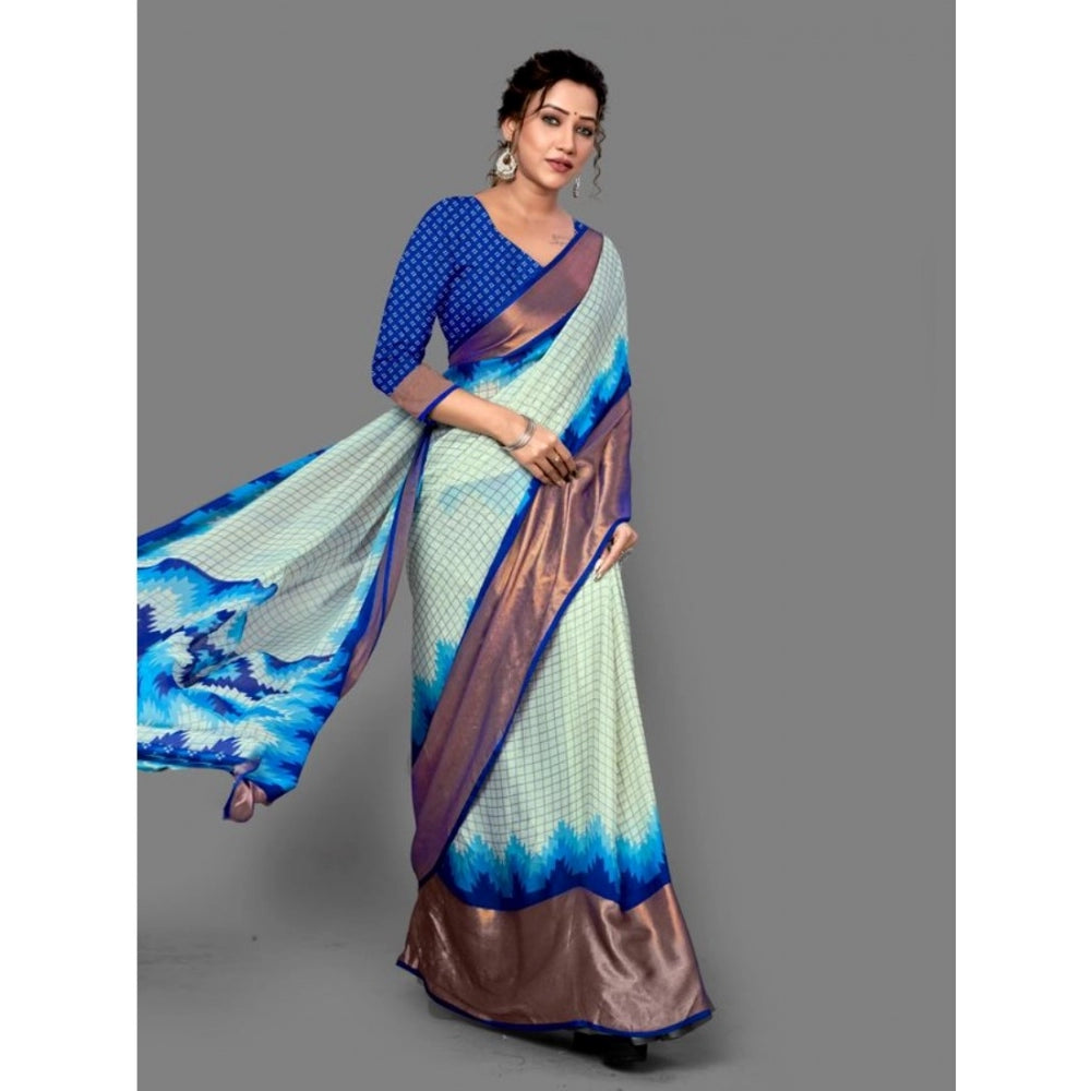 Amfyn Women's Chiffon Printed Saree With Unstitched Blouse (Blue, 5-5 Mtrs)