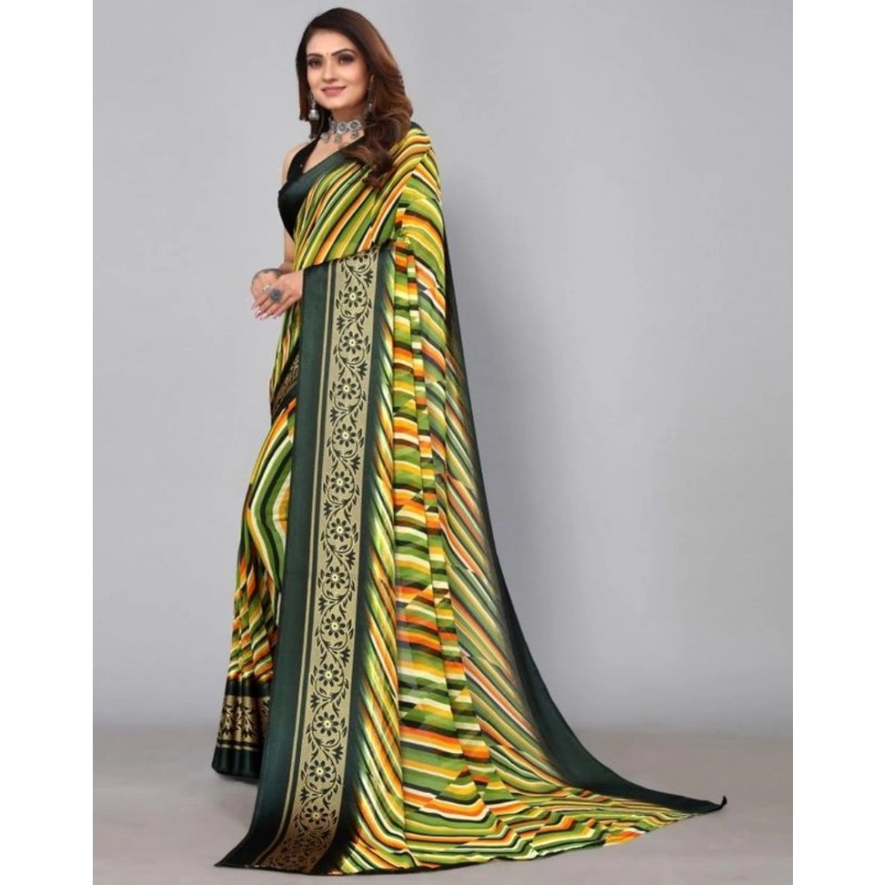 Amfyn Women's Sattin Patta Printed Saree With Unstitched Blouse (Green, 5-5 Mtrs)