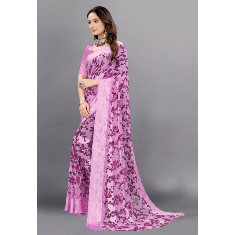 Amfyn Women's Sattin Patta Printed Saree With Unstitched Blouse (Purple, 5-5 Mtrs)