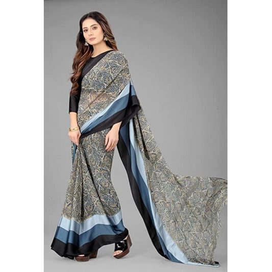 Amfyn Women's Sattin Patta Printed Saree With Unstitched Blouse (Black, 5-5 Mtrs)