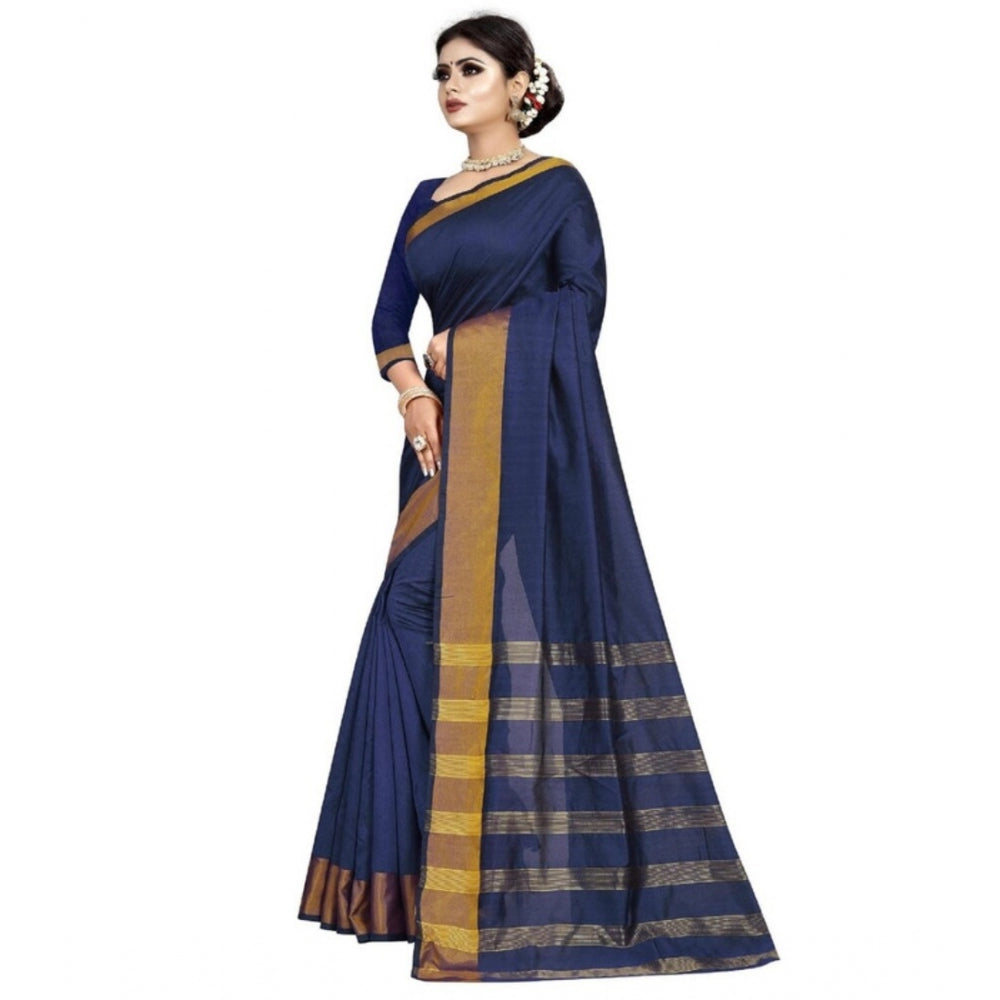 Amfyn Women's Cotton Woven Saree With Unstitched Blouse (Dark Blue, 5-5 Mtrs)