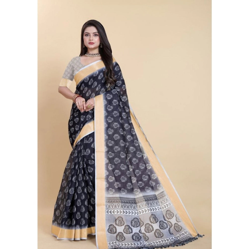 Amfyn Women's Linen Printed Saree With Unstitched Blouse (Black, 5-5 Mtrs)