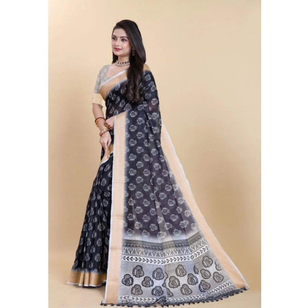 Amfyn Women's Linen Printed Saree With Unstitched Blouse (Black, 5-5 Mtrs)