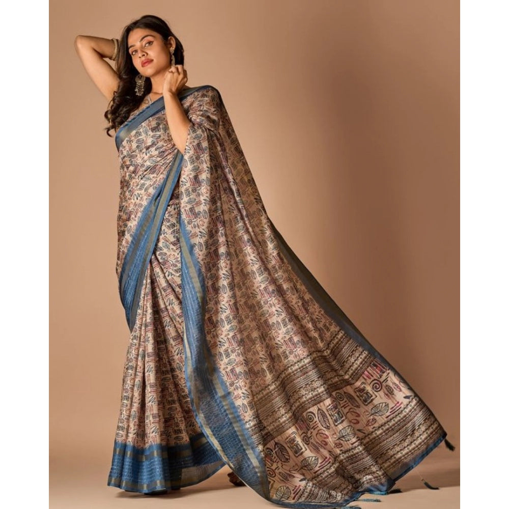 Amfyn Women's Digital Printed Saree With Unstitched Blouse (Navy, 5-5 Mtrs)