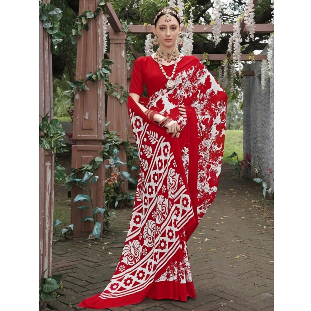 Amfyn Women's Georgette Printed Saree With Unstitched Blouse (Red, 5-5 Mtrs)