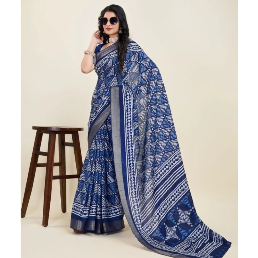 Amfyn Women's Dola Silk Printed Saree With Unstitched Blouse (Blue, 5-5 Mtrs)