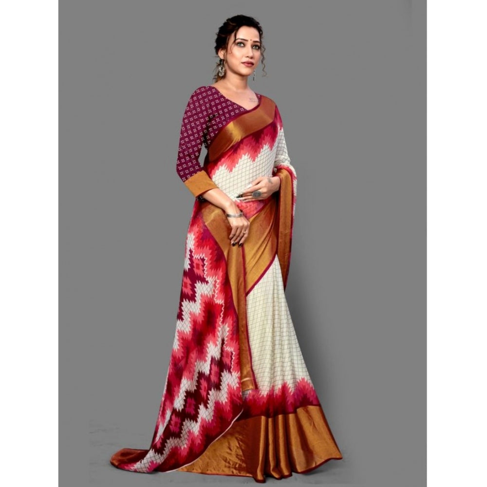 Amfyn Women's Chiffon Printed Saree With Unstitched Blouse (Maroon, 5-5 Mtrs)