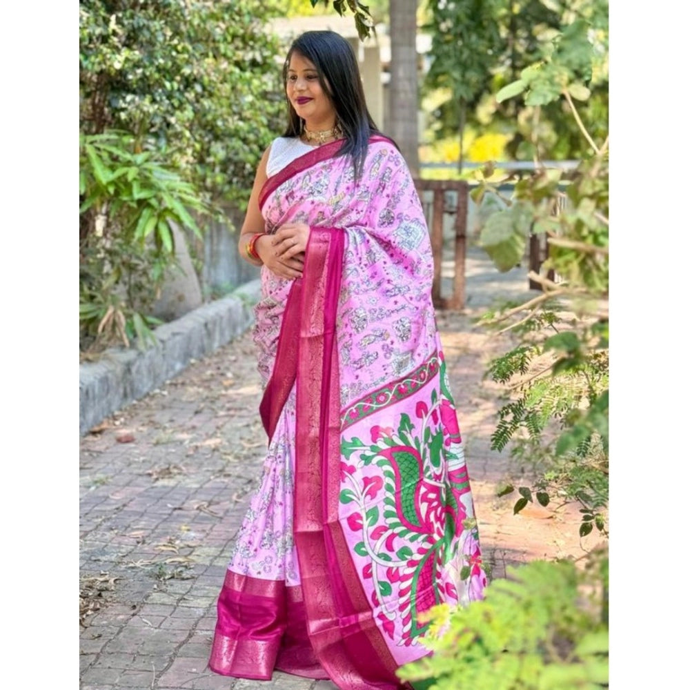 Amfyn Women's Dola Silk Printed Saree With Unstitched Blouse (Pink, 5-5 Mtrs)