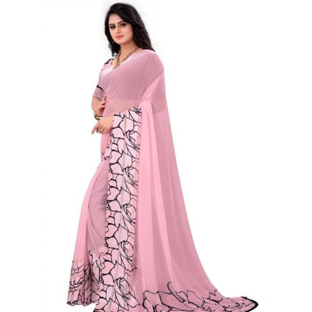 Amfyn Women's Sattin Patta Printed Saree With Unstitched Blouse (Pink, 5-5 Mtrs)