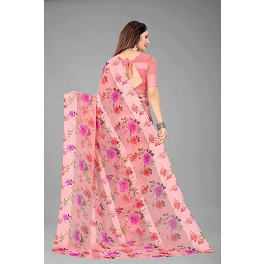 Amfyn Women's Sattin Patta Printed Saree With Unstitched Blouse (Pink, 5-5 Mtrs)