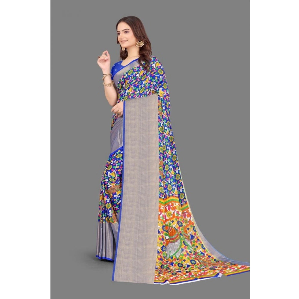 Amfyn Women's Chiffon Printed Saree With Unstitched Blouse (Blue, 5-5 Mtrs)