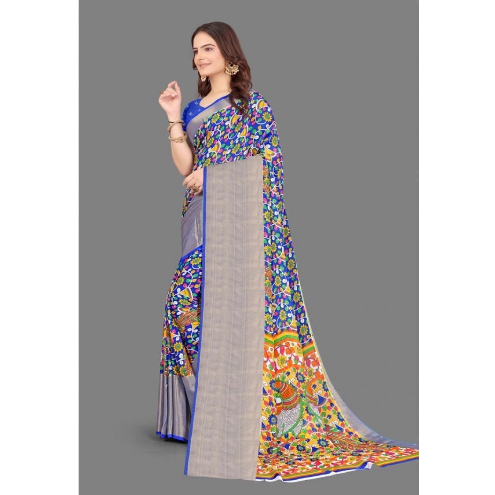 Amfyn Women's Chiffon Printed Saree With Unstitched Blouse (Blue, 5-5 Mtrs)