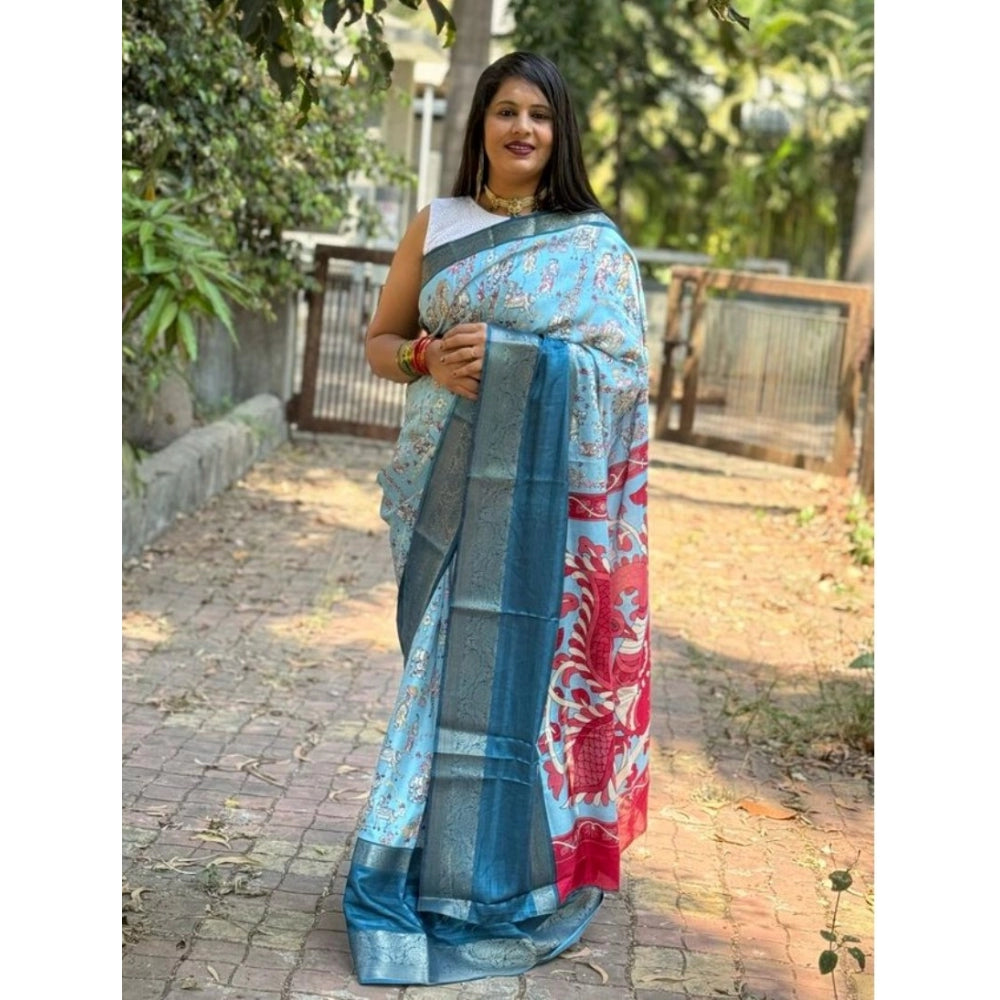 Amfyn Women's Dola Silk Printed Saree With Unstitched Blouse (Sky Blue, 5-5 Mtrs)