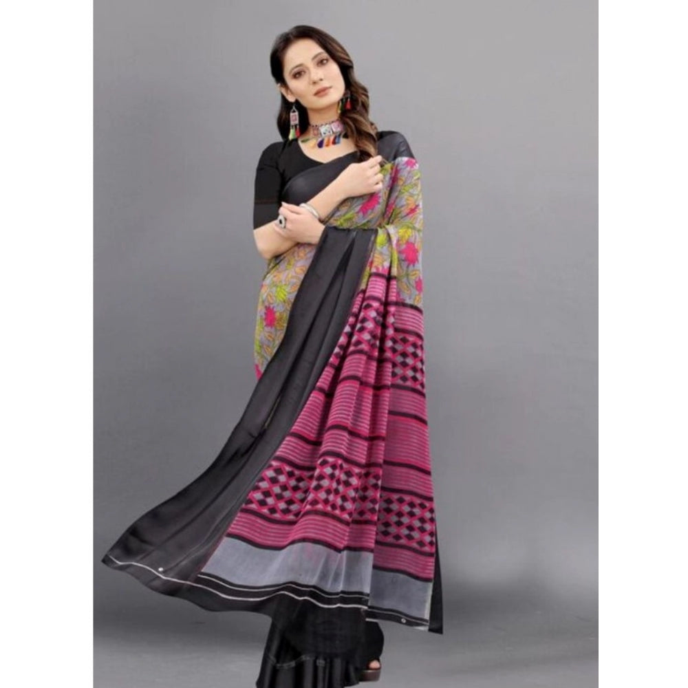 Amfyn Women's Sattin Patta Printed Saree With Unstitched Blouse (Black, 5-5 Mtrs)