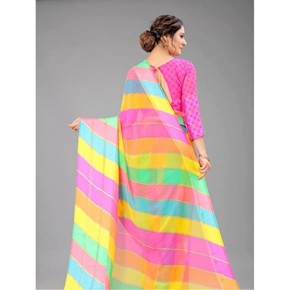 Amfyn Women's Sattin Patta Striped Saree With Unstitched Blouse (Pink, 5-5 Mtrs)