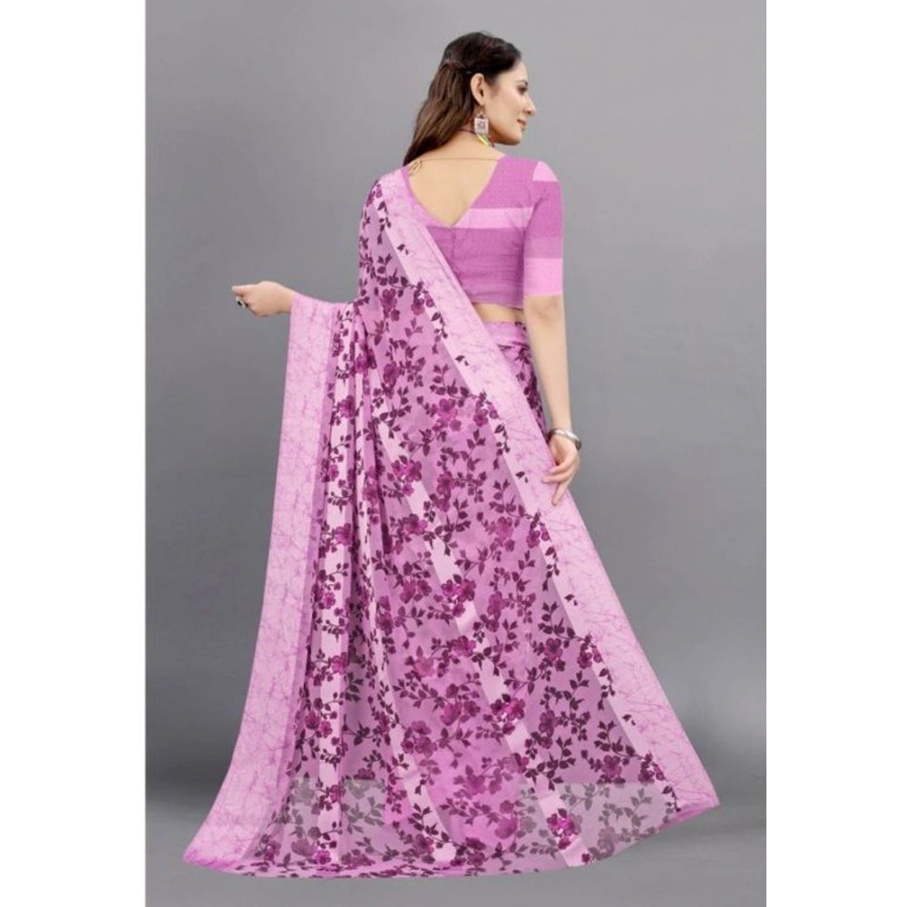 Amfyn Women's Sattin Patta Printed Saree With Unstitched Blouse (Purple, 5-5 Mtrs)