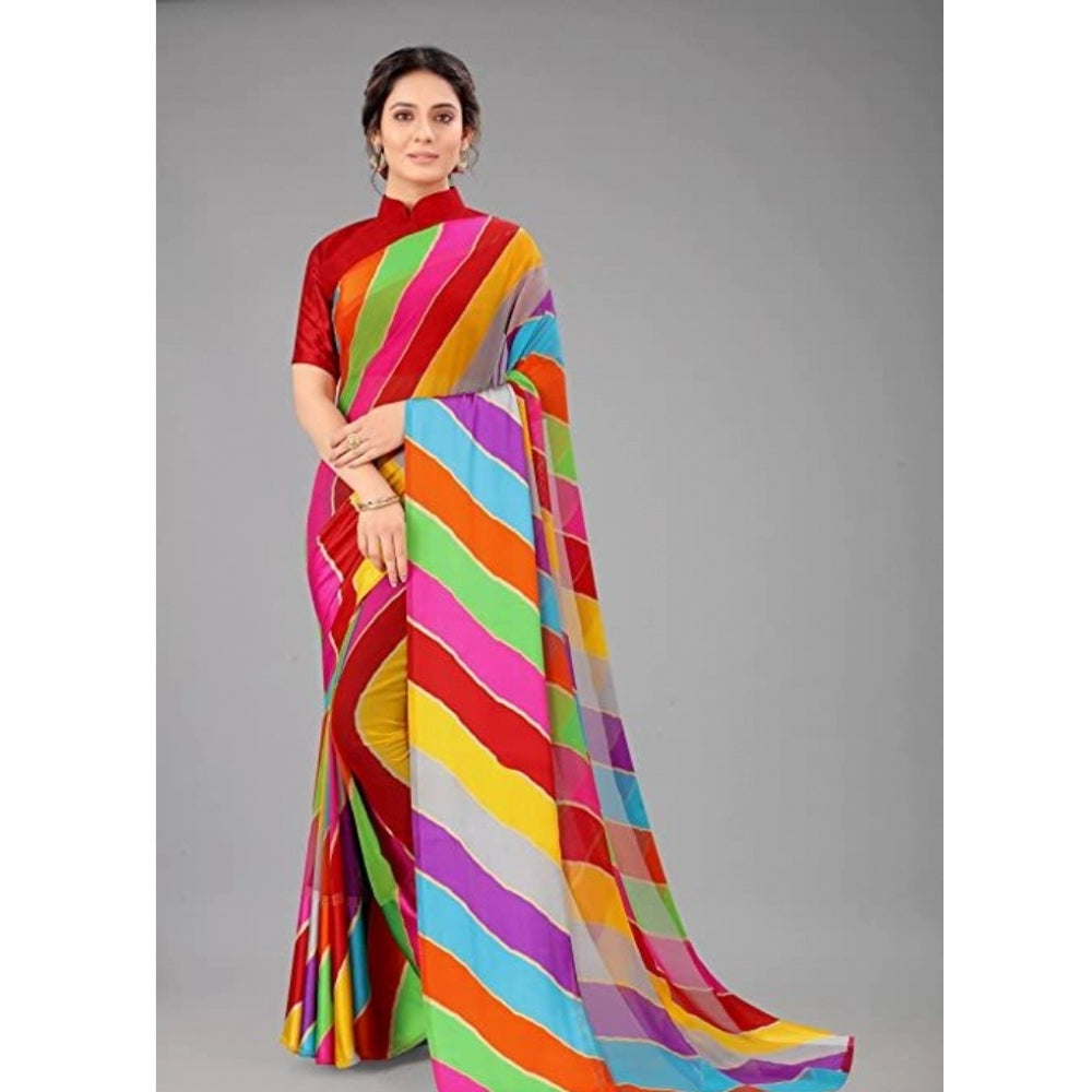 Amfyn Women's Sattin Patta Striped Saree With Unstitched Blouse (Red, 5-5 Mtrs)