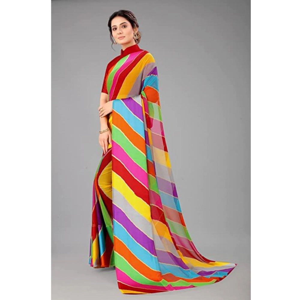 Amfyn Women's Sattin Patta Striped Saree With Unstitched Blouse (Red, 5-5 Mtrs)