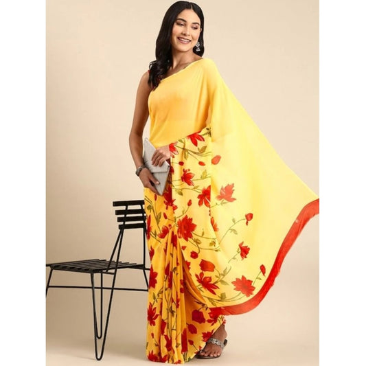 Amfyn Women's Georgette Printed Saree With Unstitched Blouse (Yellow, 5-5 Mtrs)