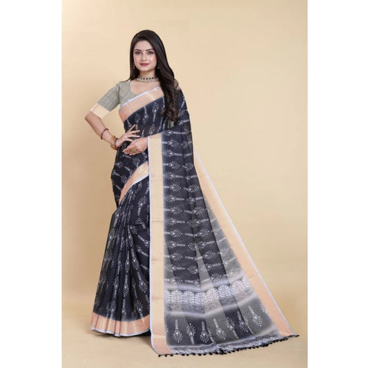 Amfyn Women's Linen Printed Saree With Unstitched Blouse (Black, 5-5 Mtrs)