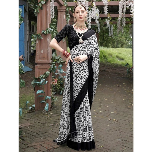 Amfyn Women's Georgette Printed Saree With Unstitched Blouse (Black, 5-5 Mtrs)