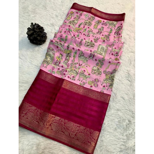 Amfyn Women's Dola Silk Printed Saree With Unstitched Blouse (Pink, 5-5 Mtrs)