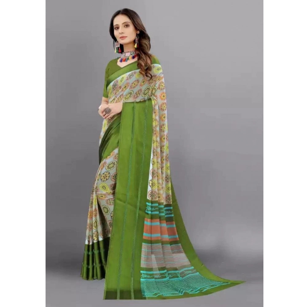 Amfyn Women's Sattin Patta Printed Saree With Unstitched Blouse (Olive, 5-5 Mtrs)