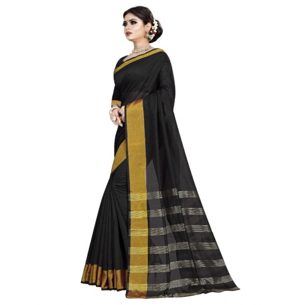 Amfyn Women's Cotton Woven Saree With Unstitched Blouse (Black, 5-5 Mtrs)