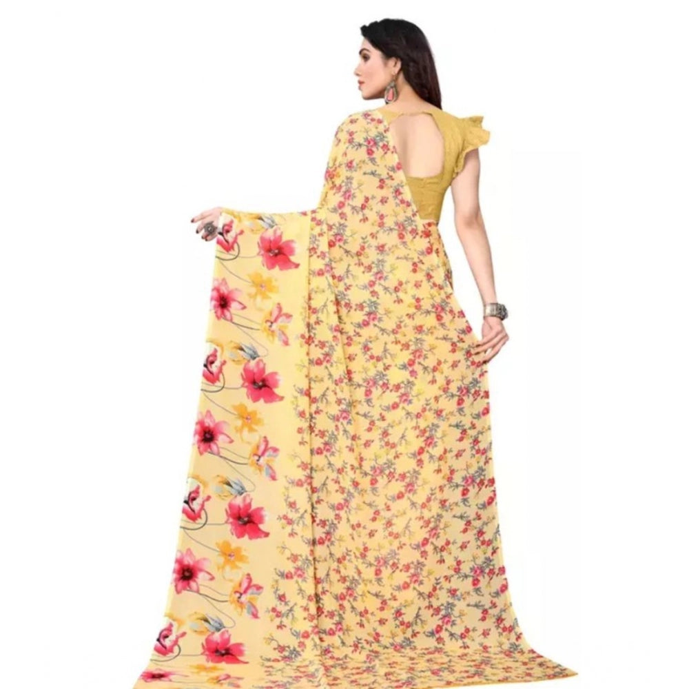 Amfyn Women's Sattin Patta Printed Saree With Unstitched Blouse (Yellow, 5-5 Mtrs)