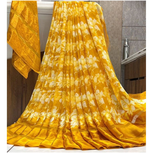 Amfyn Women's Sattin Patta Printed Saree With Unstitched Blouse (Yellow, 5-5 Mtrs)