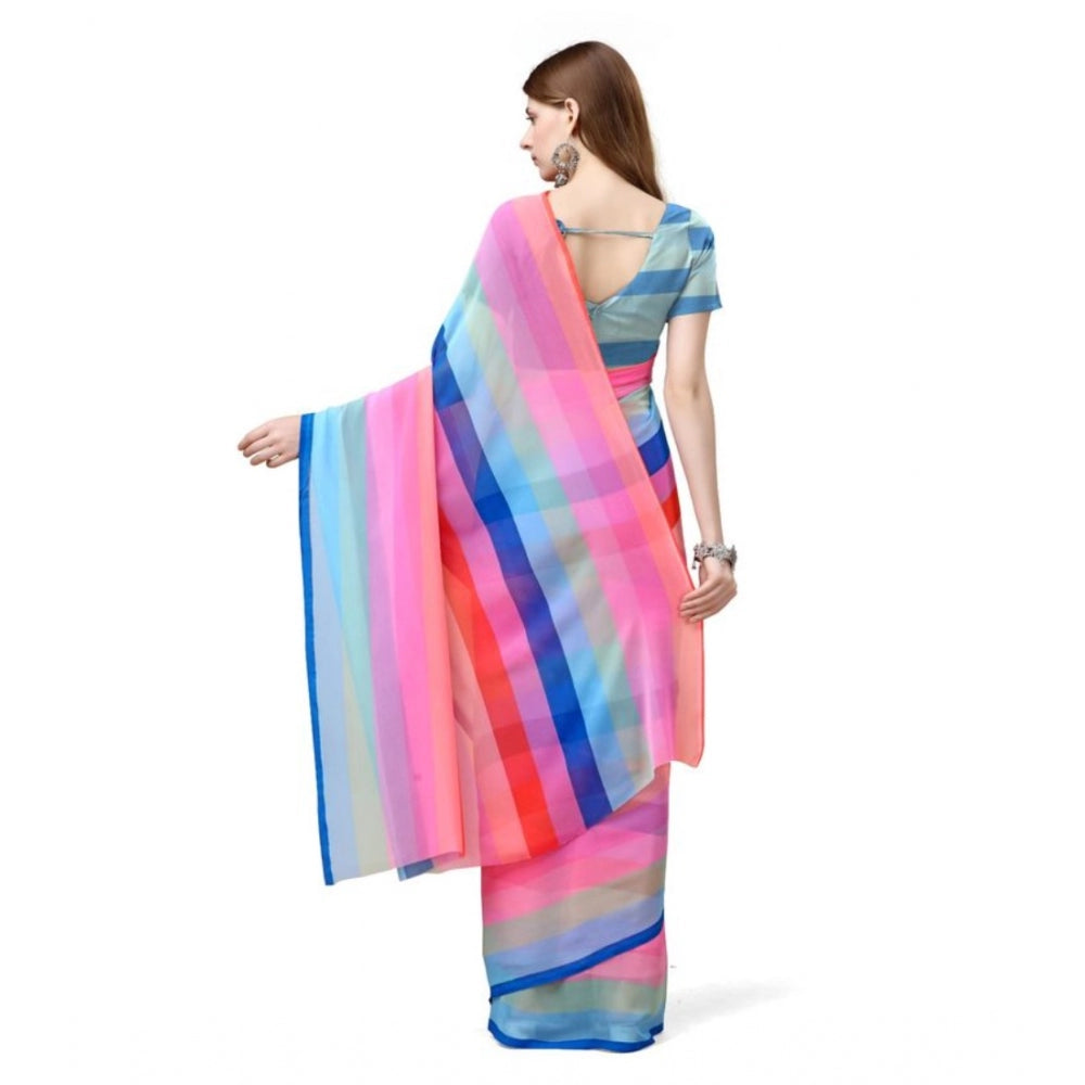 Amfyn Women's Georgette Striped Saree With Unstitched Blouse (Multicolor, 5-5 Mtrs)