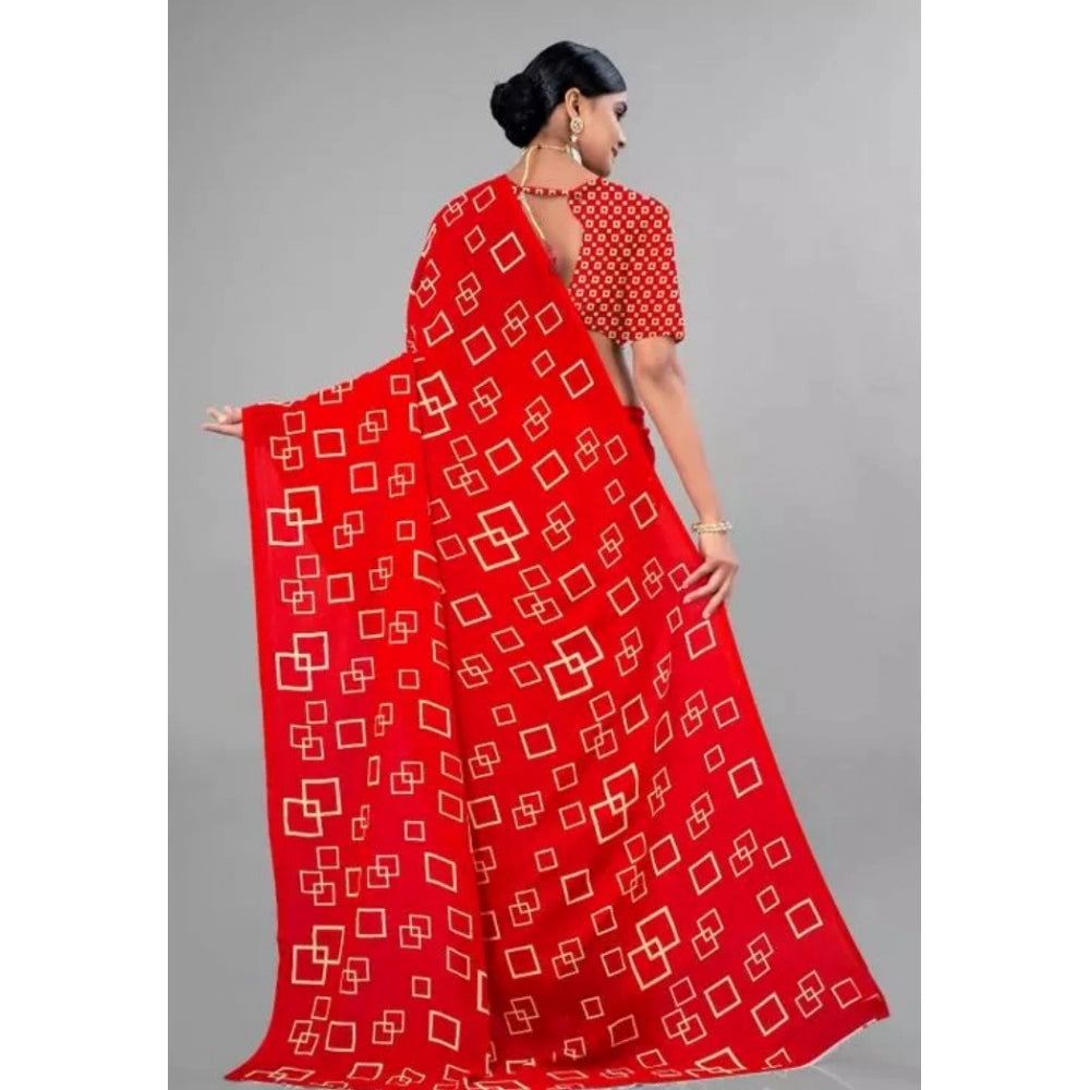 Amfyn Women's Georgette Printed Saree With Unstitched Blouse (Red, 5-5 Mtrs)