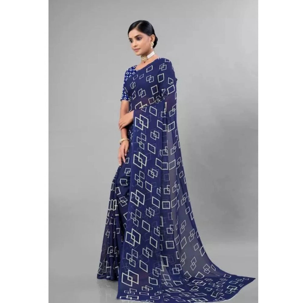 Amfyn Women's Georgette Printed Saree With Unstitched Blouse (Dark Blue, 5-5 Mtrs)