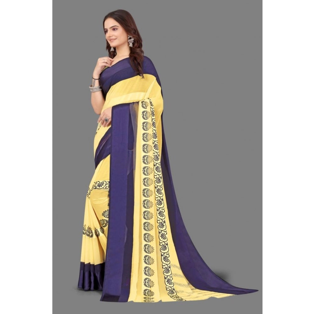 Amfyn Women's Sattin Patta Printed Saree With Unstitched Blouse (Yellow, 5-5 Mtrs)