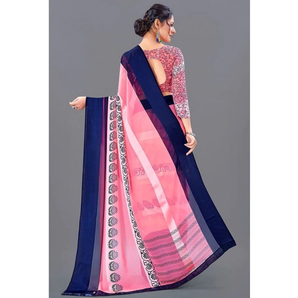 Amfyn Women's Sattin Patta Printed Saree With Unstitched Blouse (Pink, 5-5 Mtrs)