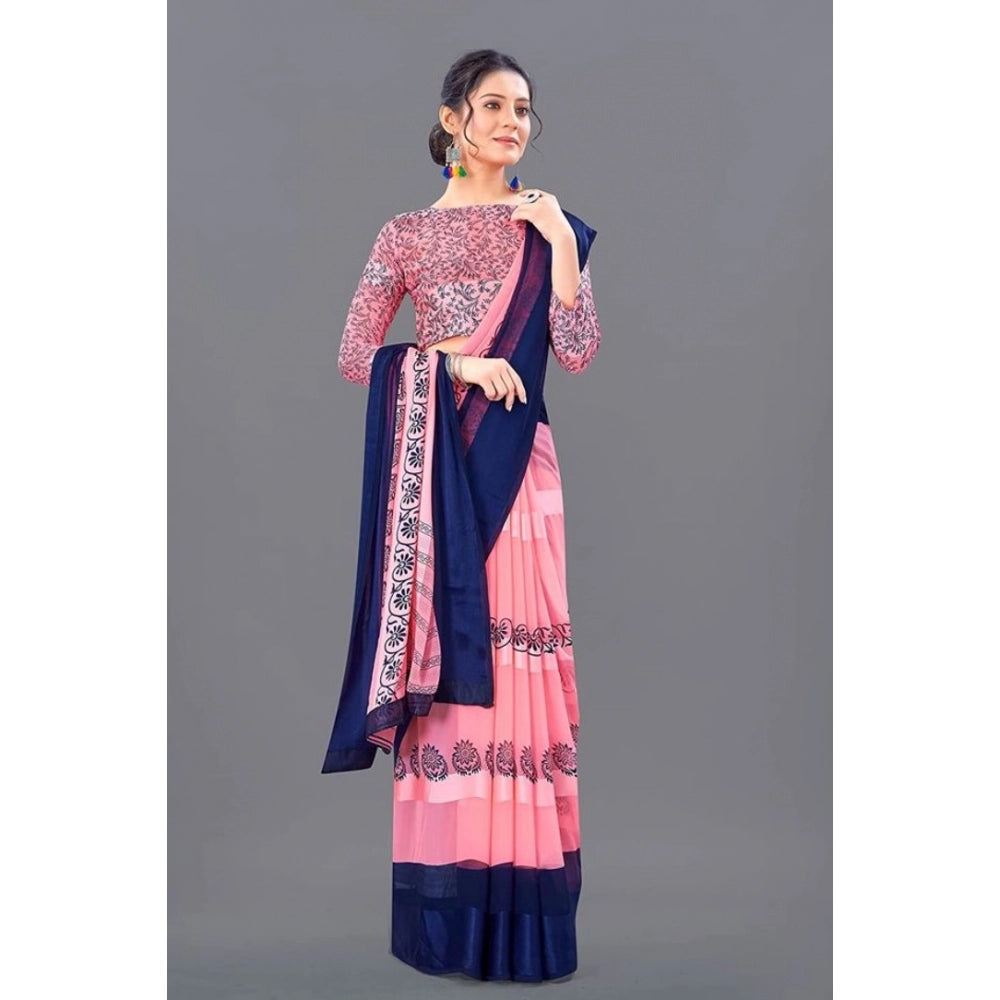 Amfyn Women's Sattin Patta Printed Saree With Unstitched Blouse (Pink, 5-5 Mtrs)