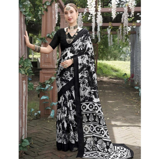 Amfyn Women's Georgette Printed Saree With Unstitched Blouse (Black, 5-5 Mtrs)