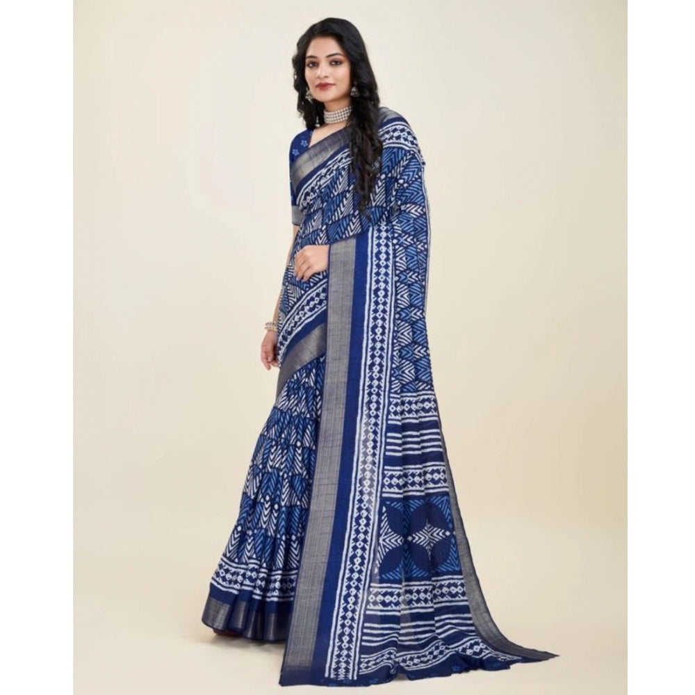 Amfyn Women's Dola Silk Printed Saree With Unstitched Blouse (Blue, 5-5 Mtrs)