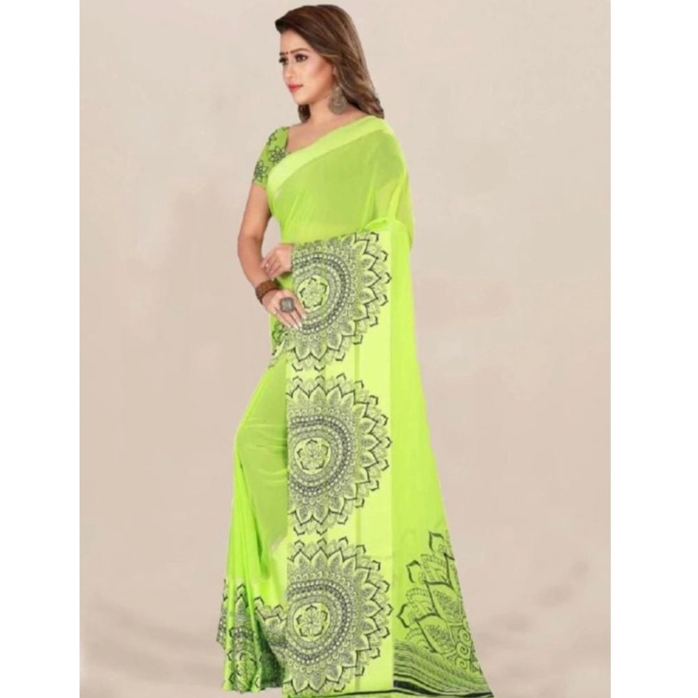 Amfyn Women's Sattin Patta Printed Saree With Unstitched Blouse (Green, 5-5 Mtrs)