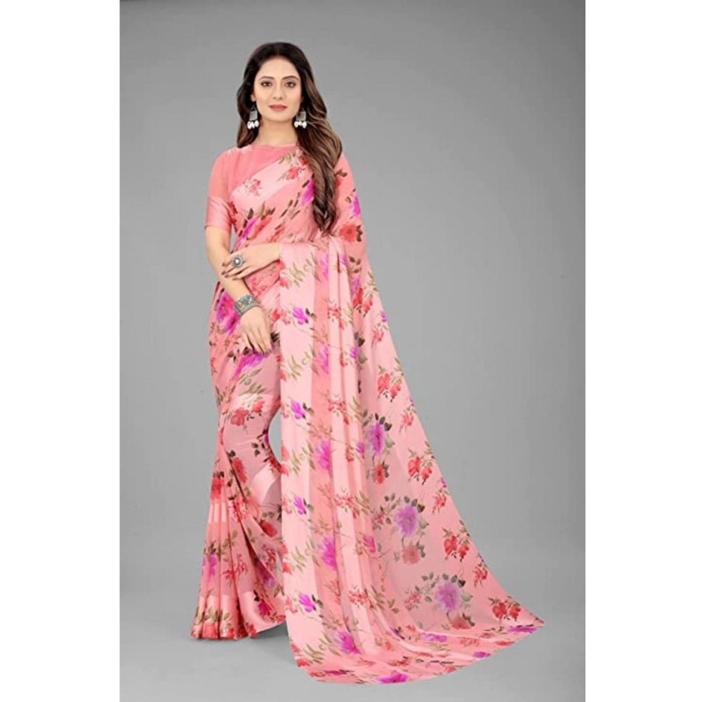 Amfyn Women's Sattin Patta Printed Saree With Unstitched Blouse (Pink, 5-5 Mtrs)