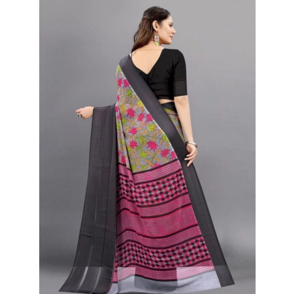 Amfyn Women's Sattin Patta Printed Saree With Unstitched Blouse (Black, 5-5 Mtrs)