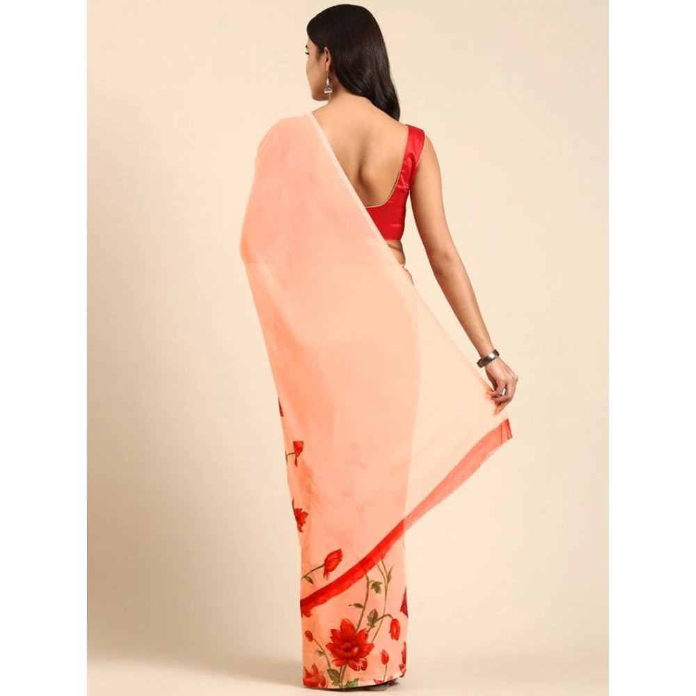 Amfyn Women's Georgette Printed Saree With Unstitched Blouse (Red, 5-5 Mtrs)