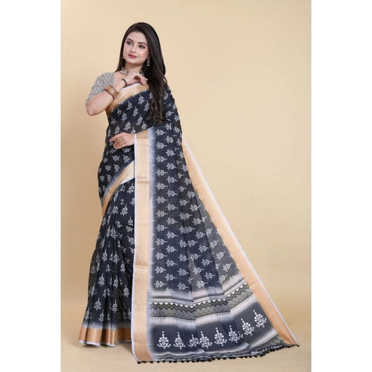 Amfyn Women's Linen Printed Saree With Unstitched Blouse (Black, 5-5 Mtrs)