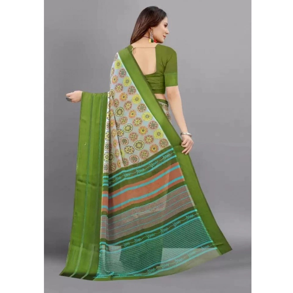 Amfyn Women's Sattin Patta Printed Saree With Unstitched Blouse (Olive, 5-5 Mtrs)