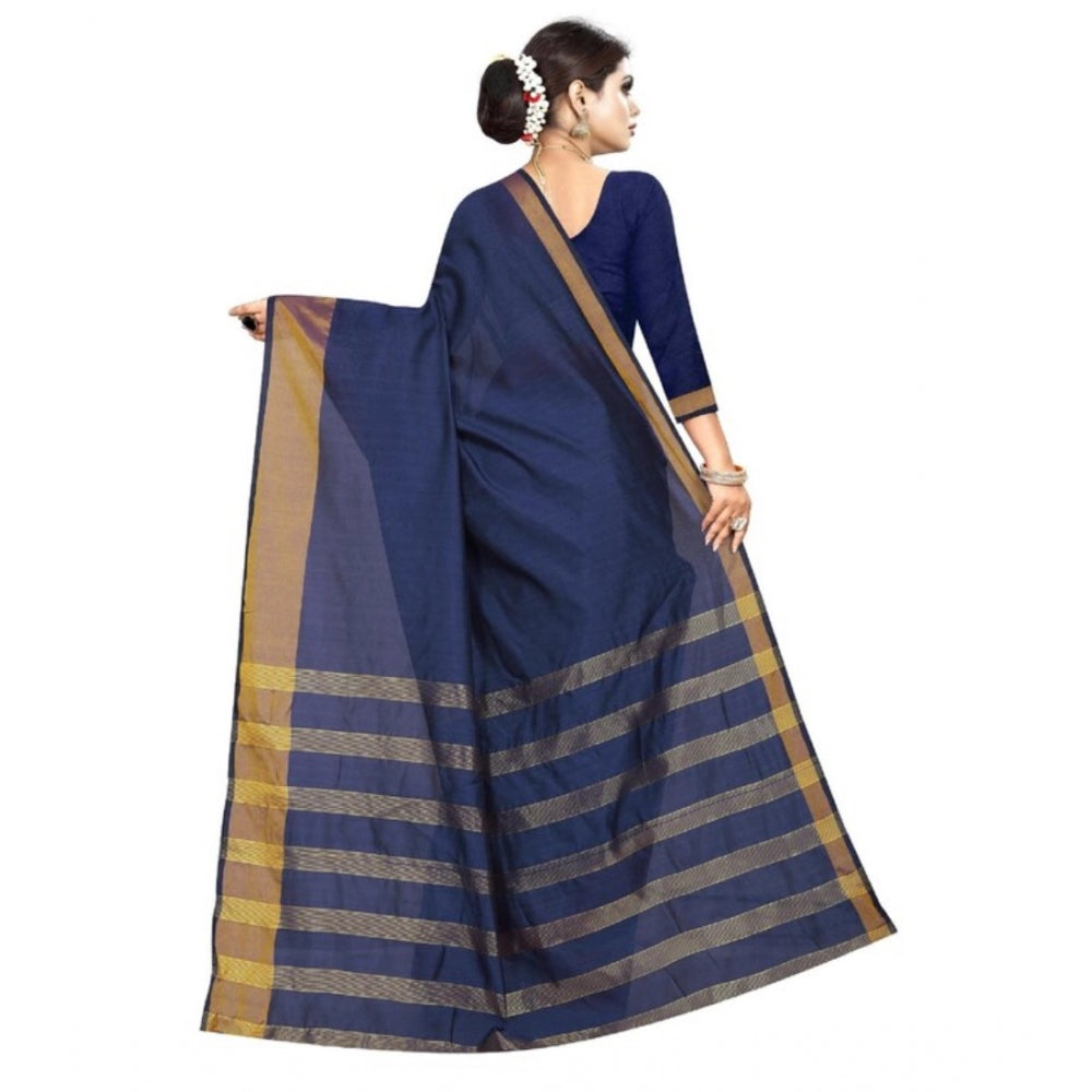 Amfyn Women's Cotton Woven Saree With Unstitched Blouse (Dark Blue, 5-5 Mtrs)