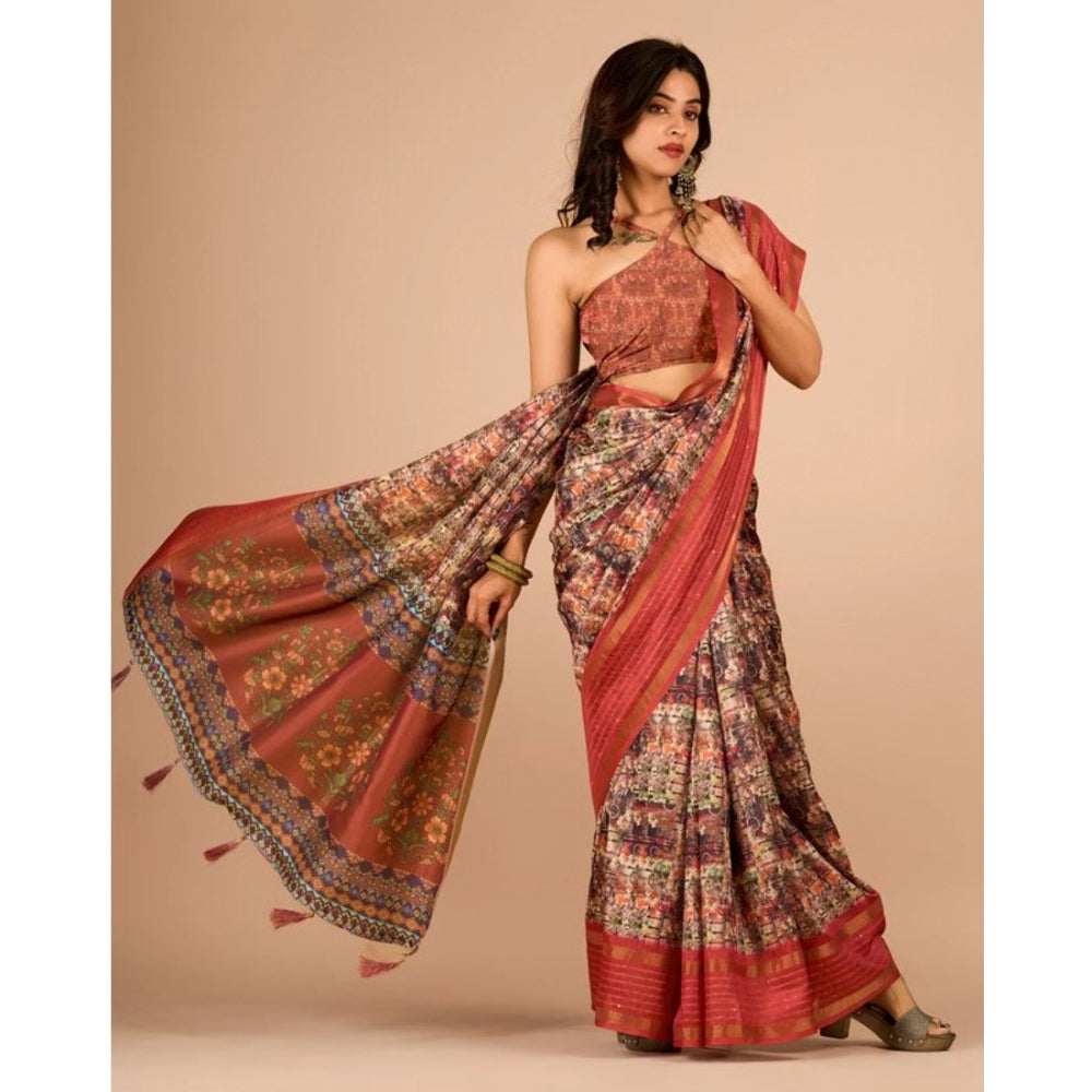 Amfyn Women's Digital Printed Saree With Unstitched Blouse (Peach, 5-5 Mtrs)